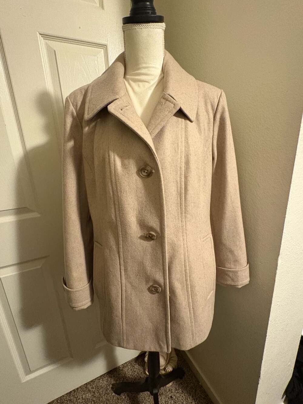 London Fog Beige Wool Blend Button-Front Peacoat Jacket